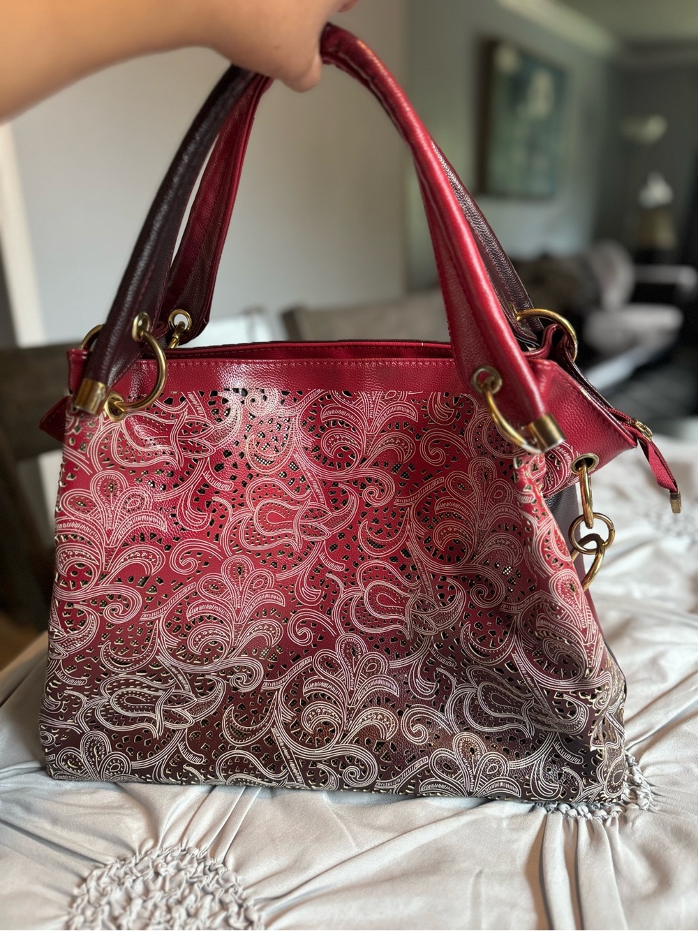 Red Gradient Paisley Shoulder Bag with Gold Hardware